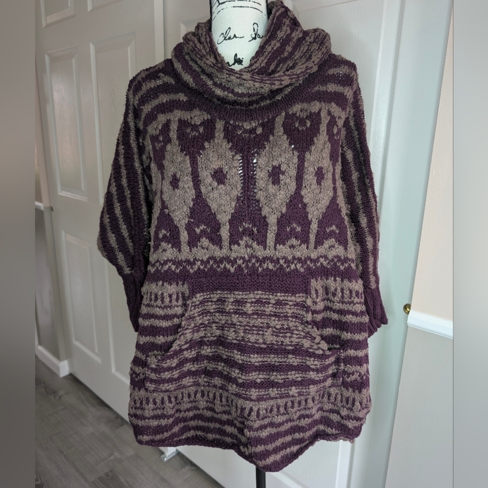 Free People Cozy Cowl Neck Patterned Batwing Poncho/Sweater - Purple and Taupe